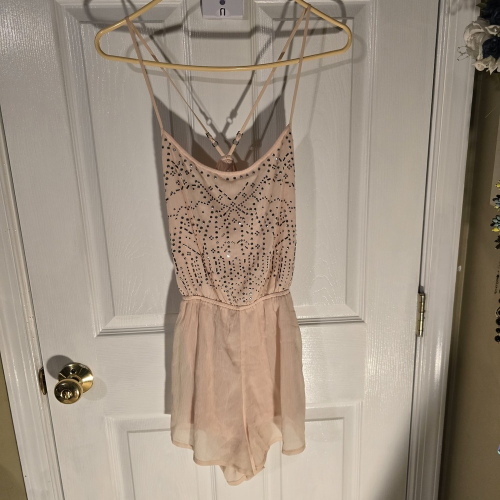 Hollister Pink Embellished Romper Small Studded Rhinestone Open Back Chiffon